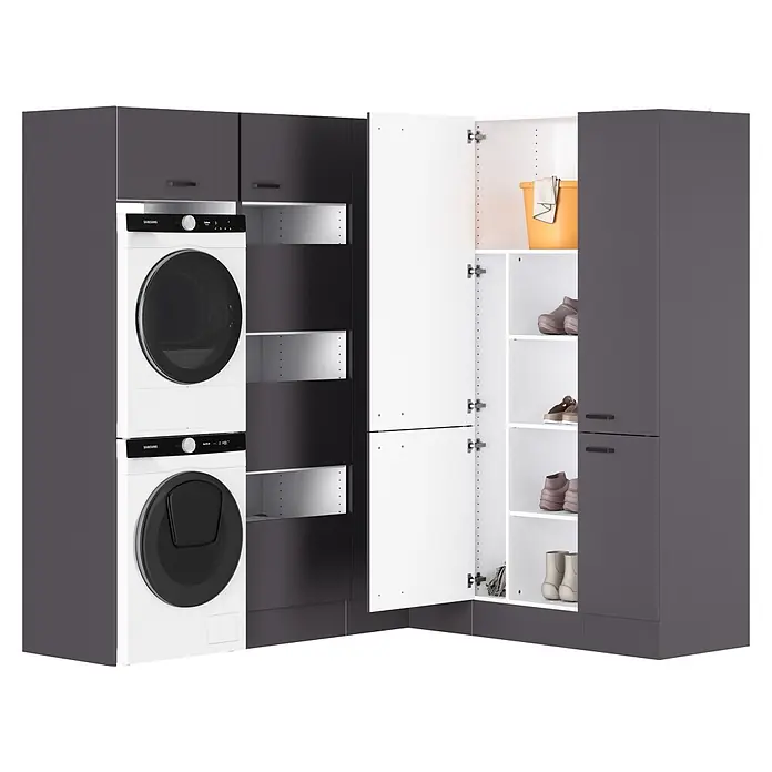 Optifit Optimulti Waschmaschinenschrank Kiel420 - L x B x H: 190 x 213,2 x 210 cm, Anthrazit - Moderner Waschraum mit gestapelter weißer Waschmaschine und Trockner, umrahmt von dunkelgrauen Schränken, wobei einer offene Regale und Gegenstände zeigt.