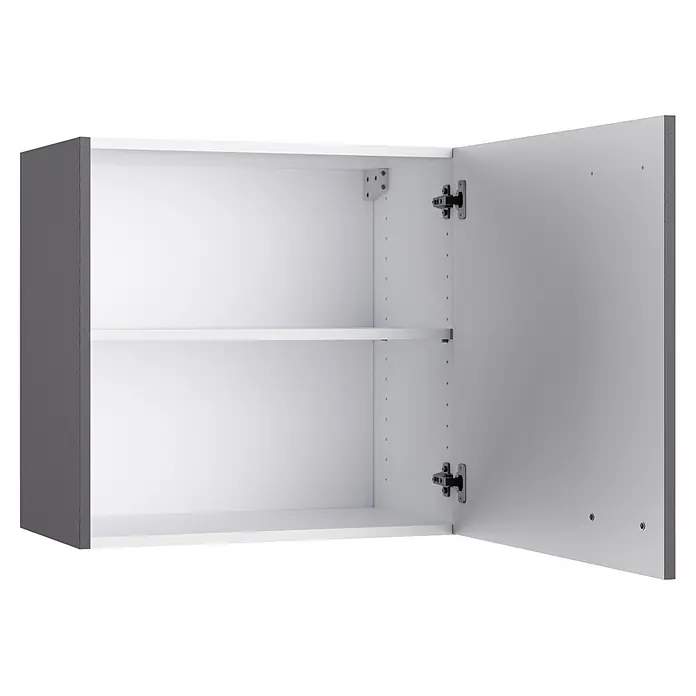 Optifit Optimulti Küchen-Hängeschrank Kiel420 - Anthrazit - Offener weißer Hängeschrank mit grauer Seitenwand und einem verstellbaren Einlegeboden. Die Tür ist geöffnet und zeigt die Scharniere.