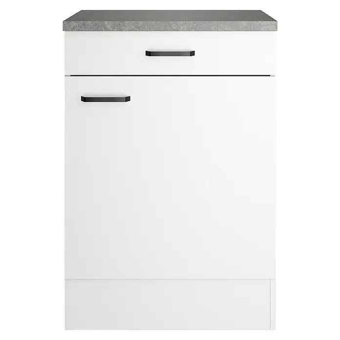 Optifit Optimulti Küchen-Unterschrank Bonn214 - B x T x H: 60 x 60 x 88 cm, Weiß/Grau - Weißer Küchenunterschrank mit grauer Arbeitsplatte und zwei schwarzen Griffen.