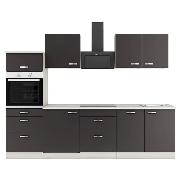 Optifit Küchenleerblock Faro220 - Breite: 270 cm, Anthrazit, Ohne Elektrogeräte, Mit Spülenschrank - Moderne Einbauküche mit dunkelgrauen Schränken, weißer Arbeitsplatte, integriertem Backofen, Kochfeld, Spüle und Dunstabzugshaube.