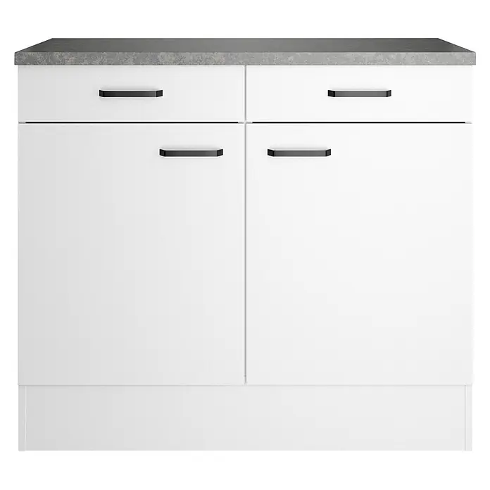 Optifit Optimulti Küchen-Unterschrank Bonn214 - B x T x H: 100 x 60 x 88 cm, Weiß/Grau - Weißer Küchenunterschrank mit grauer Arbeitsplatte und schwarzen Griffen. Zwei Schubladen und zwei untere Türen.