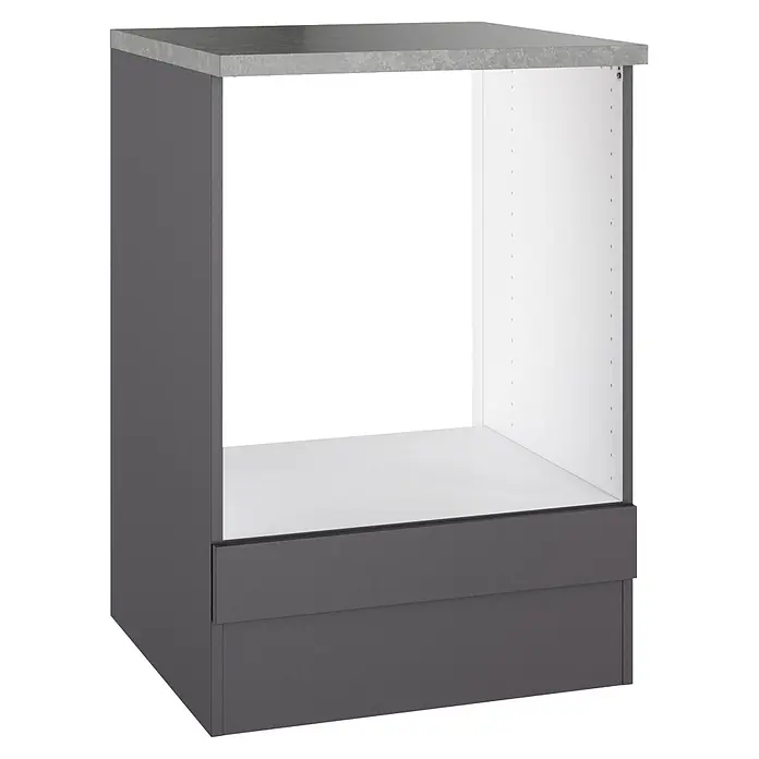 Optifit Optimulti Herdumbauschrank Kiel420 - 60 x 60 x 88 cm, Dekor Front: Grau matt - Dunkelgrauer Küchenunterschrank mit Gerätefach, einer Schublade und grauer Arbeitsplatte.