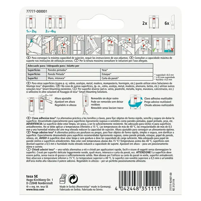 Tesa Clavo adhesivo ajustable - Blanco, Carga soportada: 2 kg, 2 ud. - Tiras adhesivas Tesa: La solución inteligente para colgar sin taladrar. Ideal para superficies como yeso y papel pintado.