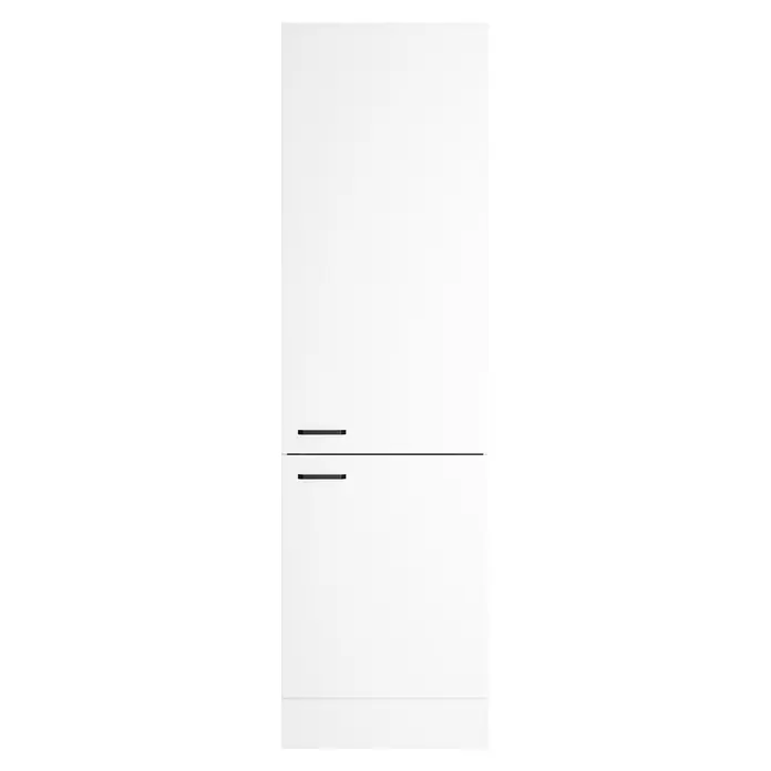 Optifit Optimulti Küchen-Hochschrank Bonn214 - B x T x H: 60 x 55,5 x 210 cm, Weiß - Weißer Kühlschrank mit zwei schwarzen horizontalen Griffen, die separate Gefrier- und Kühlfächer anzeigen.
