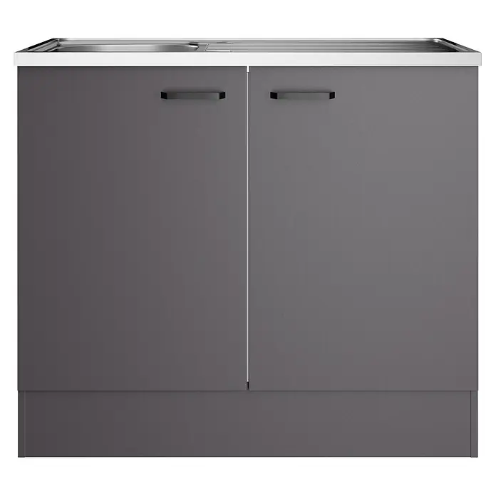 Optifit Optimulti Spülenunterschrank Kiel420 - 60 x 100 x 88 cm, Dekor Front: Grau matt - Grauer Küchenunterschrank mit zwei Türen und integriertem Metallwaschbecken auf einer weißen Arbeitsplatte.