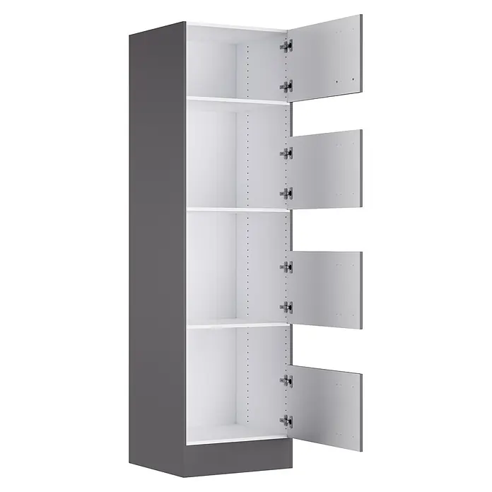 Optifit Optimulti Wäscheschrank Kiel420 -  - Hoher grauer Schrank mit fünf offenen weißen Türen und weißen Innenregalen.