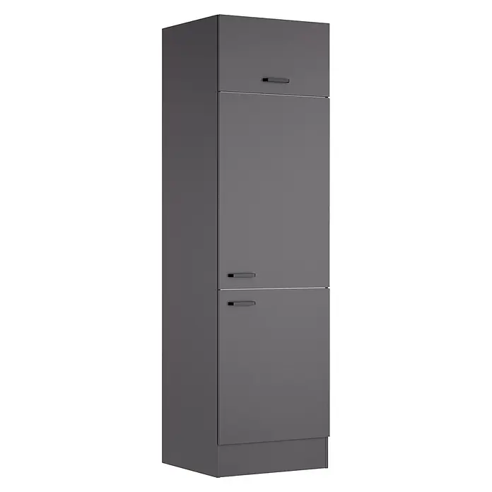 Optifit Optimulti Küchen-Hochschrank Kiel420 - B x T x H: 60 x 55,5 x 210 cm, Anthrazit - Hoher, dunkelgrauer Schrank mit drei Türen, jede mit einem horizontalen Griff.