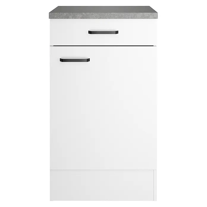 Optifit Optimulti Küchen-Unterschrank Bonn214 - B x T x H: 50 x 60 x 88 cm, Weiß/Grau - Weißer Küchenunterschrank mit grauer Arbeitsplatte und zwei schwarzen Griffen.