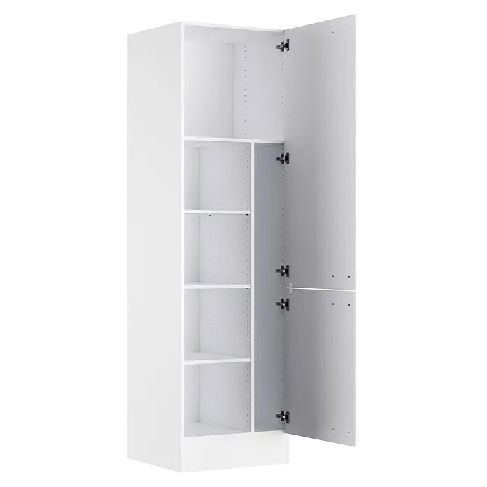 Optifit Optimulti Küchen-Hochschrank Bonn214 - B x T x H: 60 x 55,5 x 210 cm, Weiß - Weißer Schrank mit offener Tür, der verstellbare Regale und Scharniere zeigt.
