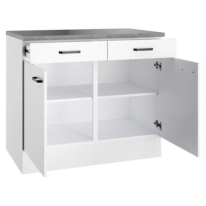 Optifit Optimulti Küchen-Unterschrank Bonn214 - B x T x H: 100 x 60 x 88 cm, Weiß/Grau - Weißer Küchenunterschrank mit grauer Arbeitsplatte, zwei Schubladen und offenen Türen, die interne Regale zeigen.
