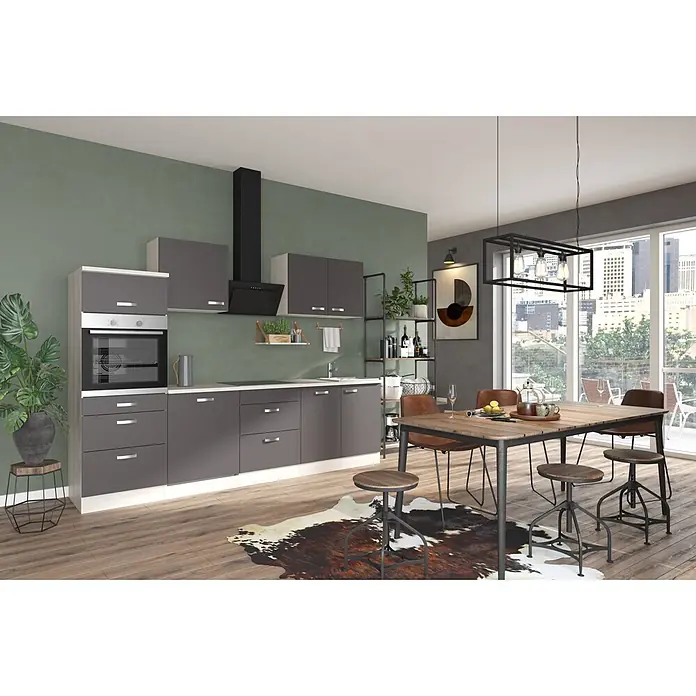 Optifit Küchenleerblock Faro220 - Breite: 270 cm, Anthrazit, Ohne Elektrogeräte, Mit Spülenschrank - Moderne Küche mit dunkelgrauen Schränken, Holzakzenten und einem Essbereich im Industriestil.