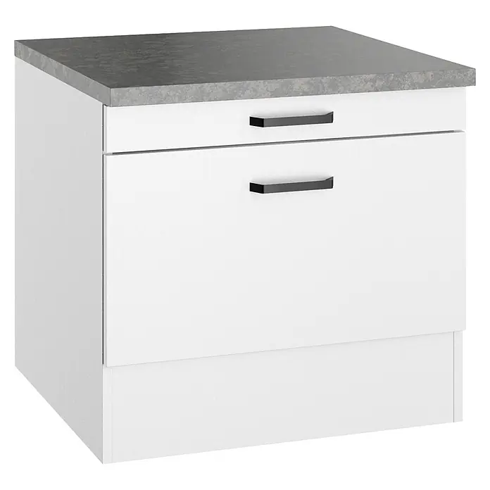 Optifit Optimulti Unterschrank Bonn214 - B x T x H: 60 x 60 x 57,1 cm, Weiß/Grau - Weißer Küchenunterschrank mit grauer Arbeitsplatte und zwei schwarzen Griffen.