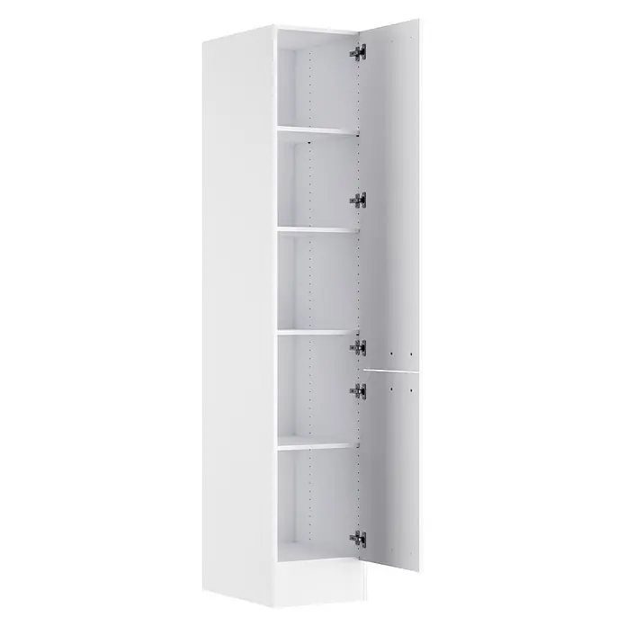 Optifit Optimulti Küchen-Hochschrank Bonn214 - B x T x H: 40 x 55,5 x 210 cm, Weiß - Weißer Hochschrank mit offener Tür, der mehrere verstellbare Einlegeböden und Metallscharniere zeigt.