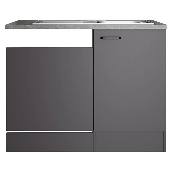 Optifit Optimulti Spülenunterschrank Kiel420 - 60 x 100 x 88 cm, Dekor Front: Grau matt - Dunkelgrauer Küchenunterschrank mit hellgrauer Arbeitsplatte und integrierter Spüle.