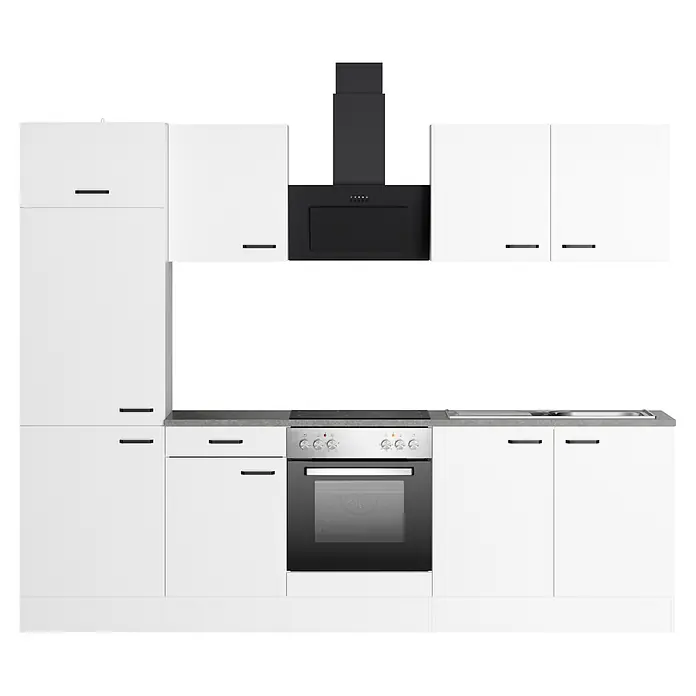 Optifit Optimulti Küchenleerblock Bonn214 - Breite: 270 cm, Weiß, Ohne Elektrogeräte, Mit Spülenunterschrank - Moderne weiße Küche mit schwarzer Dunstabzugshaube und Backofen, grauer Arbeitsplatte und Spüle.