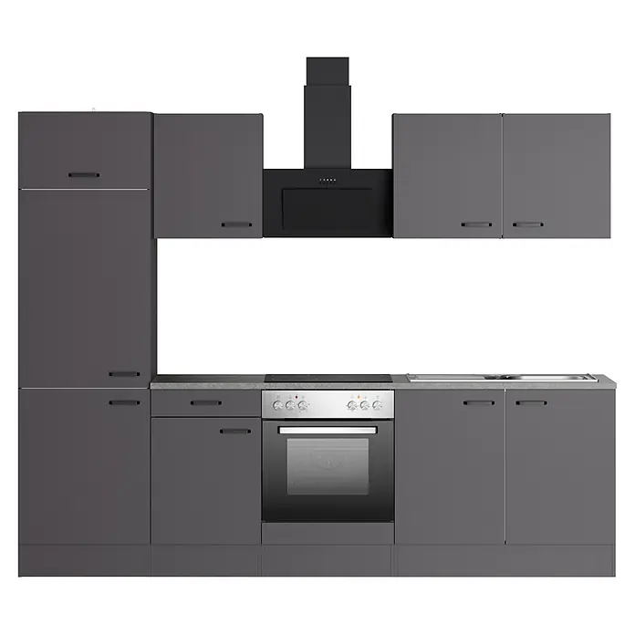 Optifit Optimulti Küchenzeile Kiel420 - Breite: 270 cm, Anthrazit, Mit Elektrogeräten, Ohne Geschirrspüler - Dunkelgraue Küchenzeile mit integriertem Backofen, Kochfeld, Spüle und Dunstabzugshaube.