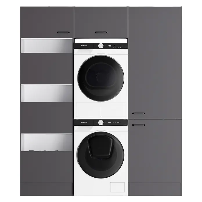 Optifit Optimulti Waschmaschinenschrank Kiel420 - L x B x H: 57,1 x 183,2 x 210 cm, Anthrazit - Gestapelte weiße Samsung Waschmaschine und Trockner in dunkelgrauen Schränken mit offenem Stauraum.