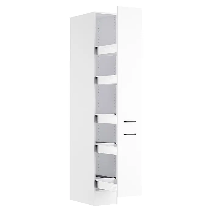 Optifit Optimulti Küchen-Hochschrank Bonn214 - B x T x H: 30 x 55,5 x 210 cm, Weiß - Weißer Hochschrank mit mehreren Auszügen, einer davon teilweise geöffnet.
