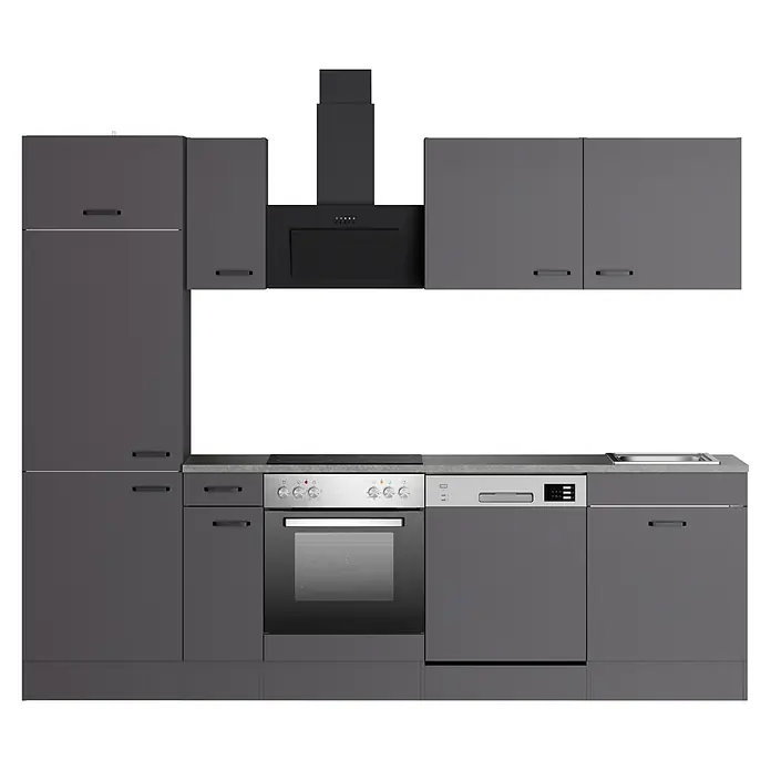 Optifit Optimulti Küchenleerblock Kiel420 - Breite: 270 cm, Anthrazit, Ohne Elektrogeräte, Mit Geschirrspülerschrank - Dunkelgraue moderne Küchenzeile mit integriertem Kühlschrank, Backofen, Kochfeld, Dunstabzugshaube, Geschirrspüler und Spüle.