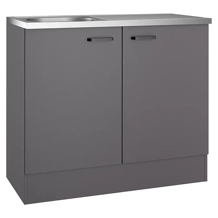 Optifit Optimulti Spülenunterschrank Kiel420 - 50 x 100 x 88,2 cm, Dekor Front: Grau matt - Grau Spülenunterschrank mit zwei Türen, Metallgriffen und integriertem Edelstahlwaschbecken.