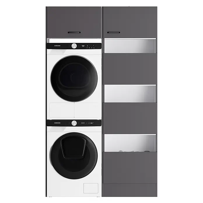 Optifit Optimulti Waschmaschinenschrank Kiel420 - L x B x H: 57,1 x 123,2 x 210 cm, Anthrazit - Gestapelte weiße Samsung Waschmaschine und Trockner mit schwarzen Details, flankiert von dunkelgrauen Schränken und offenen Schubladen.