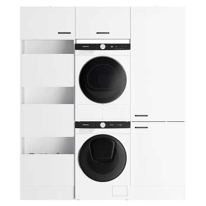 Optifit Optimulti Waschmaschinenschrank Bonn214 - L x B x H: 57,1 x 183,2 x 210 cm, Weiß - Gestapelte weiße Samsung Waschmaschine und Trockner mit schwarzen Details, in weiße Wäscheschrank integriert.