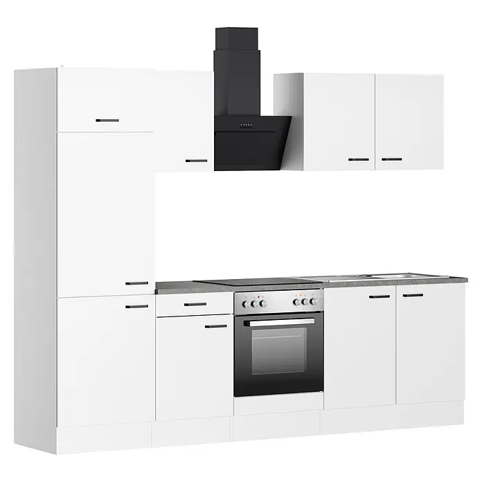 Optifit Optimulti Küchenleerblock Bonn214 - Breite: 270 cm, Weiß, Ohne Elektrogeräte, Mit Spülenunterschrank - Moderne weiße Küchenzeile mit integrierter schwarzer Dunstabzugshaube, silbernem Backofen und schwarzem Induktionskochfeld, mit dunklen Griffen und grauer Arbeitsplatte.
