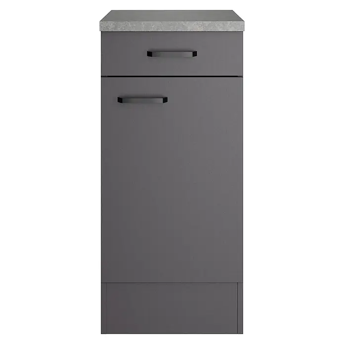 Optifit Optimulti Küchen-Unterschrank Kiel420 - B x T x H: 40 x 60 x 88 cm, Anthrazit - Dunkelgrauer Küchenunterschrank mit hellgrau gesprenkelter Arbeitsplatte und zwei schwarzen Griffen an Schublade und Tür.