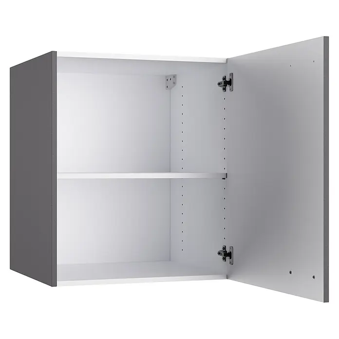 Optifit Optimulti Küchen-Hängeschrank Kiel420 - B x T x H: 60 x 55,5 x 70,4 cm, Anthrazit - Offener Hängeschrank mit grauer Außenseite und weißem Innenraum, inklusive verstellbarem weißen Regalboden und sichtbaren Scharnieren.
