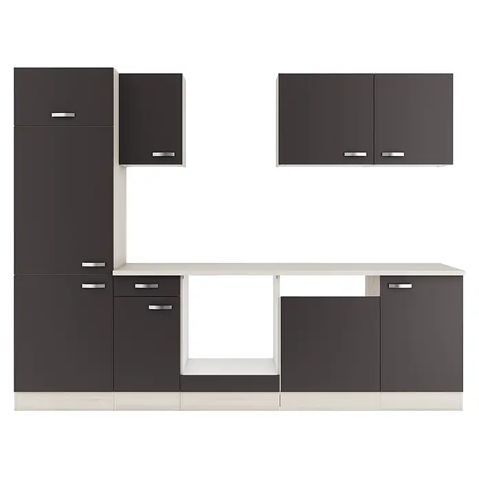Optifit Küchenleerblock Faro220 - Breite: 270 cm, Anthrazit, Ohne Elektrogeräte - Modulares Küchenschrank-Set in Dunkelgrau und hellem Holz mit Hochschrank, Unterschränken mit Schubladen und Hängeschränken.