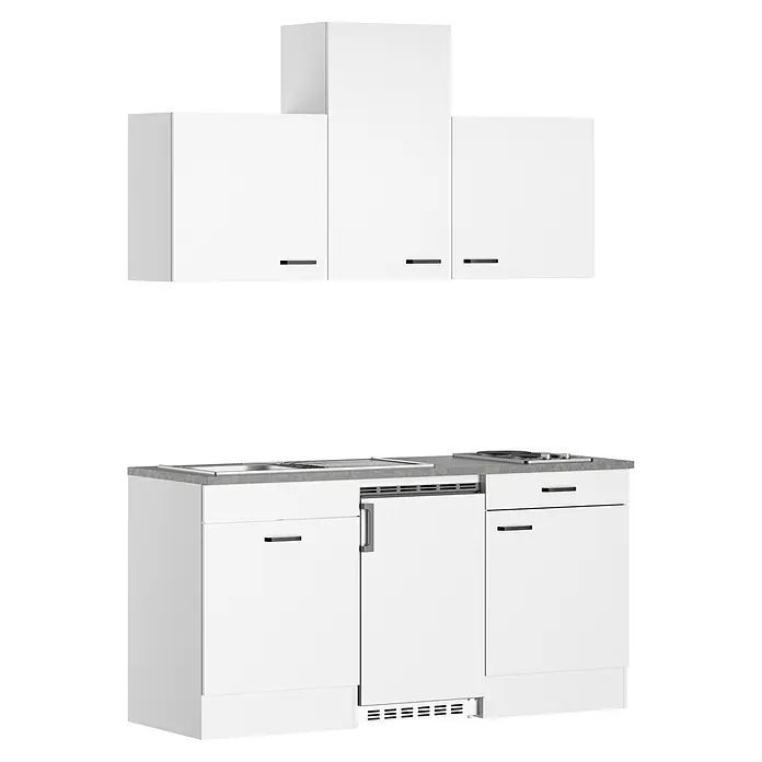 Optifit Optimulti Singleküche Bonn214 - Breite: 170 cm, Weiß, Mit Elektrogeräten - Kompakte weiße Küchenzeile mit Ober- und Unterschränken, Spüle, Kochfeld und integriertem Gerät, mit grauer Arbeitsplatte.