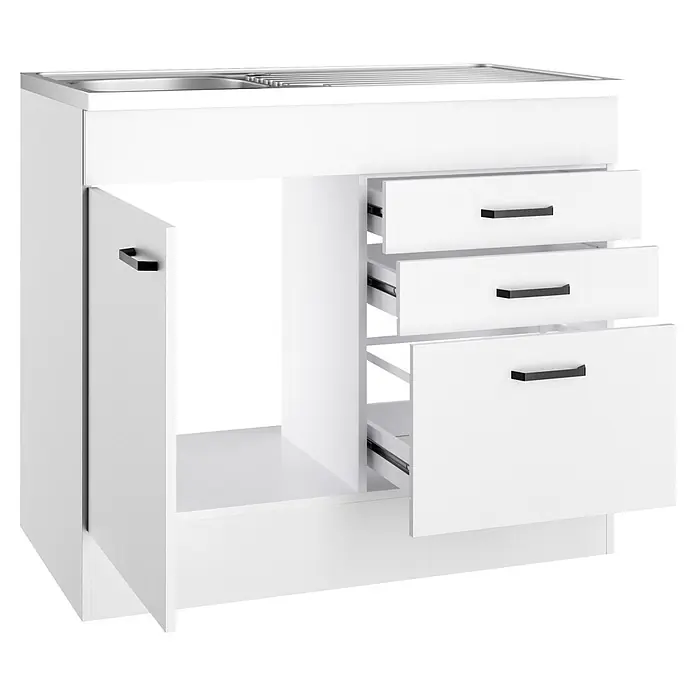 Optifit Optimulti Spülenunterschrank Bonn214 - 60 x 100 x 88 cm, Dekor Front: Weiß - Weißer Küchenunterschrank mit Spüle, offener Tür und drei teilweise geöffneten Schubladen.