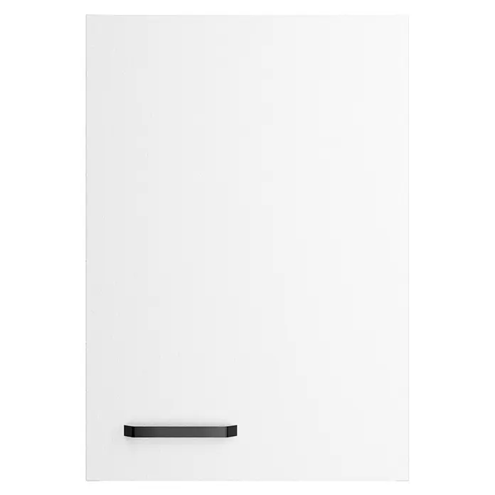 Optifit Optimulti Küchen-Hängeschrank Bonn214 - B x T x H: 40 x 33 x 57,6 cm, Weiß - Schwarzer, rechteckiger Griff mit abgeschrägten Enden auf einer texturierten weißen Oberfläche montiert.