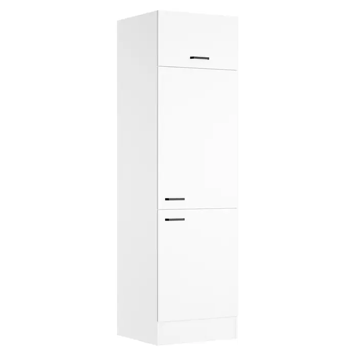 Optifit Optimulti Küchen-Hochschrank Bonn214 - B x T x H: 60 x 55,5 x 210 cm, Weiß - Moderner weißer Schrank mit drei schwarzen Horizontalgriffen.