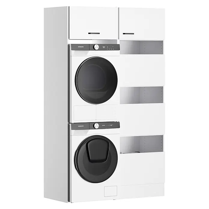 Optifit Optimulti Waschmaschinenschrank Bonn214 - L x B x H: 57,1 x 123,2 x 210 cm, Weiß - Stapelbare weiße Samsung Waschmaschine und Trockner mit dunklen Türen, integriert in ein weißes Schranksystem.
