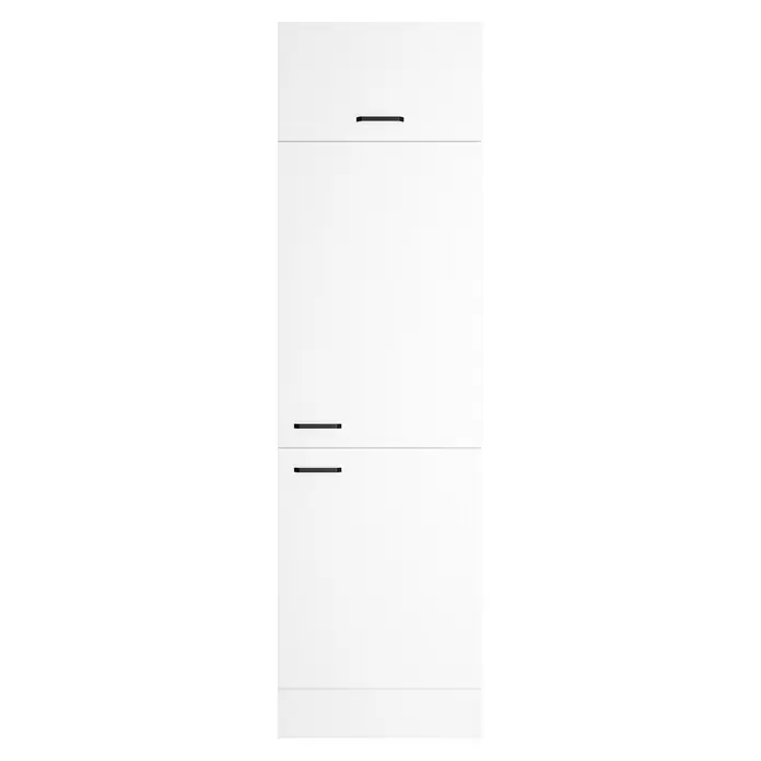 Optifit Optimulti Küchen-Hochschrank Bonn214 - B x T x H: 60 x 55,5 x 210 cm, Weiß - Weißes Küchenmodul mit drei schwarzen Stangengriffen.