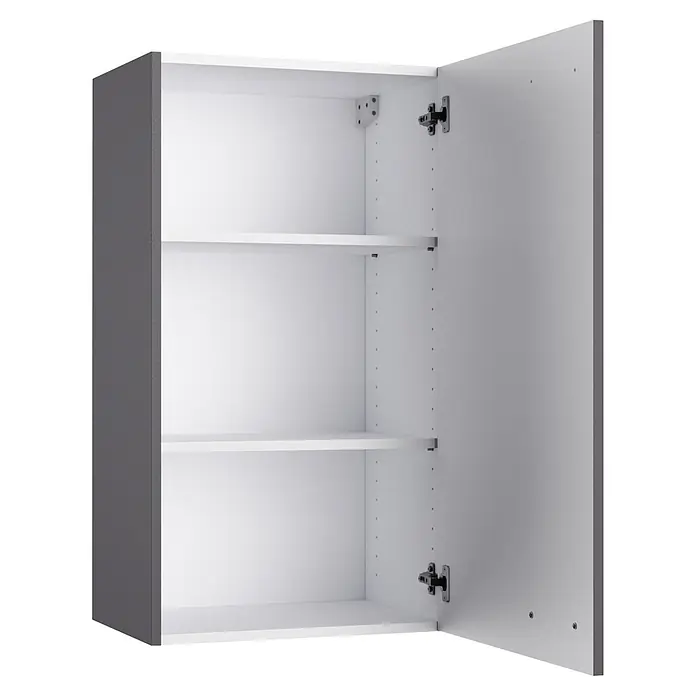 Optifit Optimulti Küchen-Hängeschrank Kiel420 - Anthrazit - Offener grauer Wandschrank mit weißem Innenraum und zwei verstellbaren Regalböden.