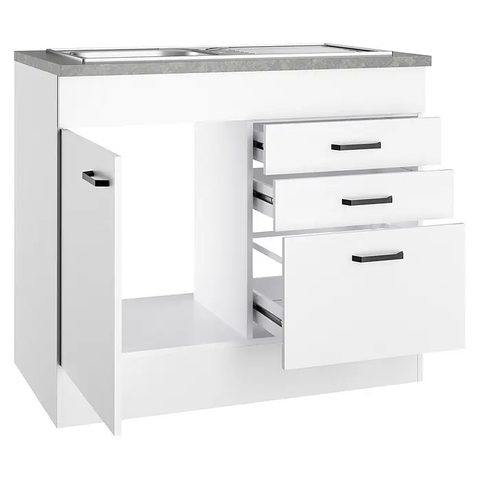 Optifit Optimulti Spülenunterschrank Bonn214 - 60 x 100 x 88 cm, Dekor Front: Weiß - Weißer Küchenspülenschrank mit grauer Arbeitsplatte, einer geöffneten Tür und drei teilweise geöffneten Schubladen.
