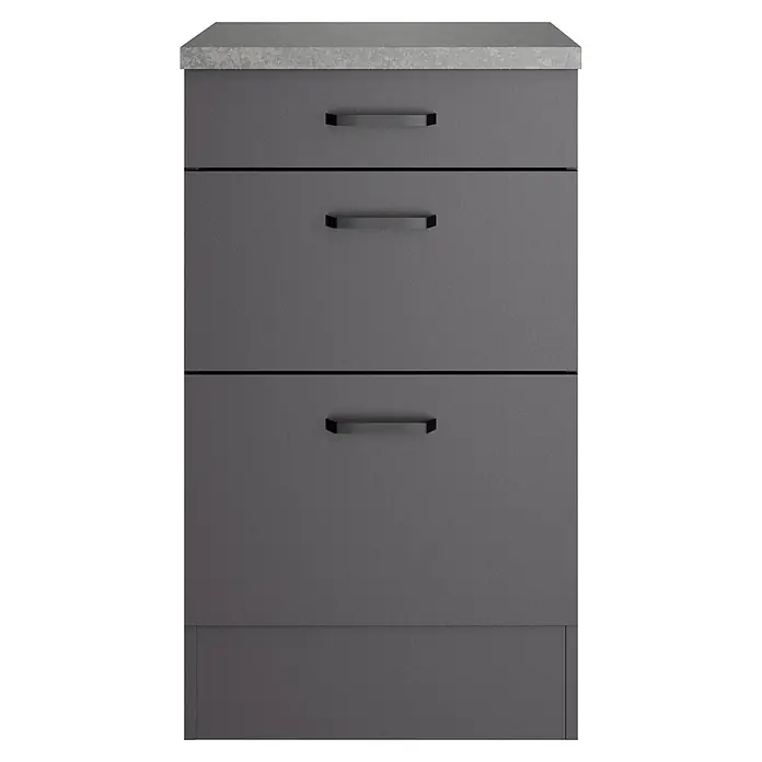 Optifit Optimulti Küchen-Unterschrank Kiel420 - B x T x H: 50 x 60 x 88 cm, Anthrazit - Dunkelgrauer Schrank mit drei Schubladen und dunklen Stangengriffen, mit heller gesprenkelter Arbeitsplatte.