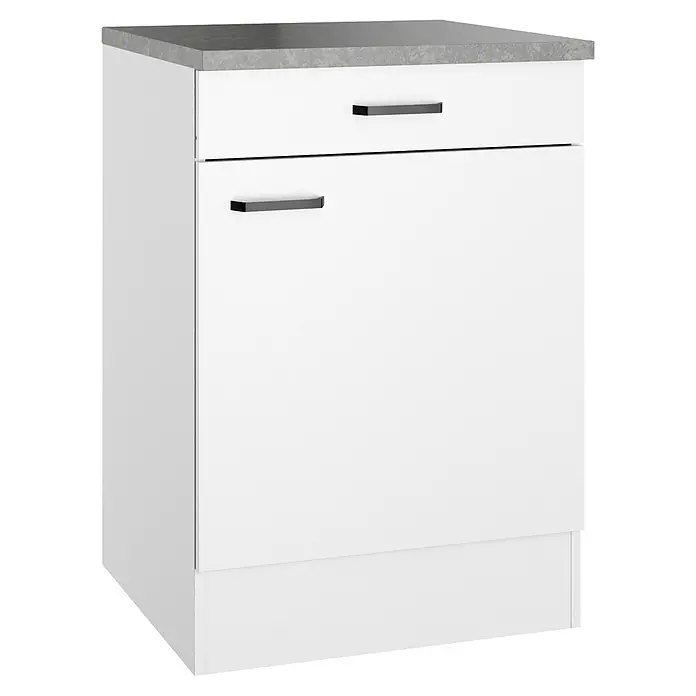 Optifit Optimulti Küchen-Unterschrank Bonn214 - B x T x H: 60 x 60 x 88 cm, Weiß/Grau - Weißer Küchenunterschrank mit grauer Arbeitsplatte, einer Schublade und einer Tür mit schwarzen Griffen.