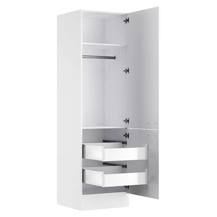 Optifit Optimulti Küchen-Hochschrank Bonn214 - B x T x H: 60 x 55,5 x 210 cm, Weiß - Weißer Kleiderschrank-Innenraum mit Einlegeböden, einer Kleiderstange und zwei ausziehbaren Schubladen.