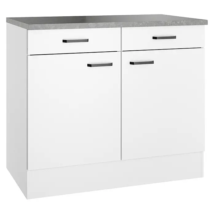Optifit Optimulti Küchen-Unterschrank Bonn214 - B x T x H: 100 x 60 x 88 cm, Weiß/Grau - Weißer Schrank mit grauer Arbeitsplatte, zwei oberen Schubladen und zwei unteren Türen mit schwarzen Griffen.