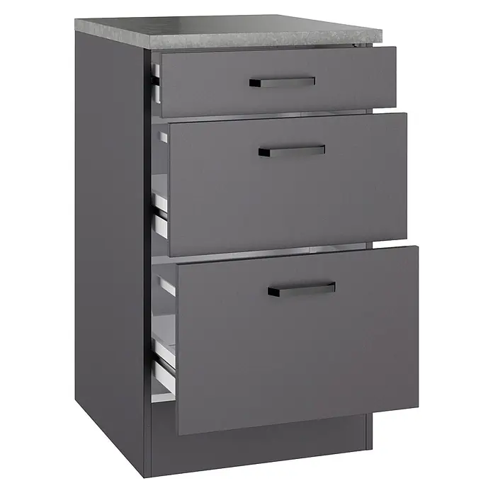Optifit Optimulti Küchen-Unterschrank Kiel420 - B x T x H: 50 x 60 x 88 cm, Anthrazit - Dunkelgrauer Schubladenschrank mit heller Arbeitsplatte und drei teilweise geöffneten Schubladen mit dunklen Griffen.