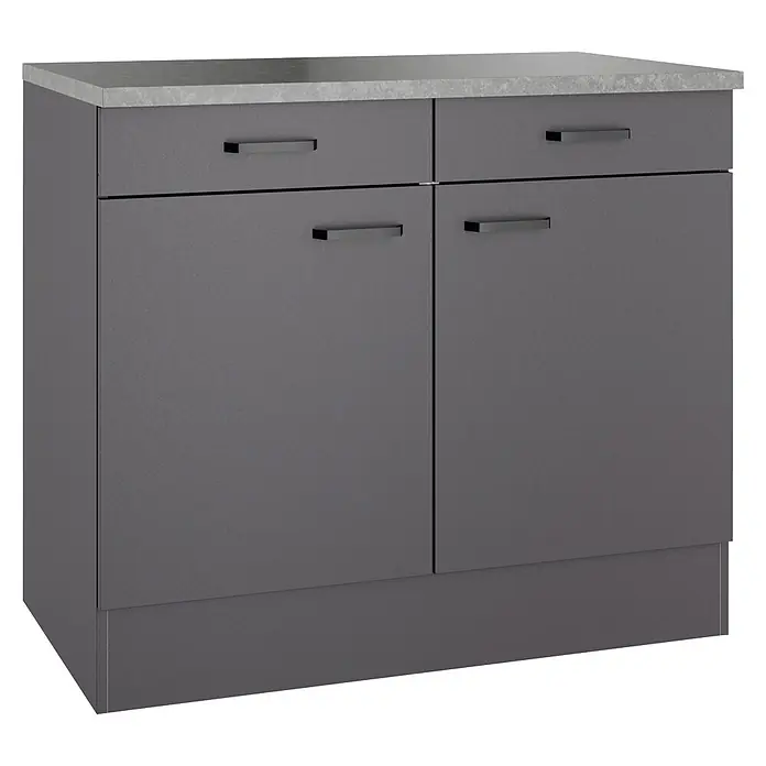 Optifit Optimulti Küchen-Unterschrank Kiel420 - B x T x H: 100 x 60 x 88 cm, Anthrazit - Dunkelgrauer Küchenunterschrank mit hellgrauer Arbeitsplatte, zwei Schubladen und zwei Türen.