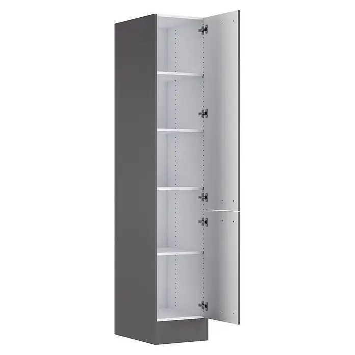 Optifit Optimulti Küchen-Hochschrank Kiel420 - B x T x H: 40 x 55,5 x 210 cm, Anthrazit - Hoher grauer Schrank mit offener weißer Tür, der mehrere weiße verstellbare Regalböden und Scharniere zeigt.