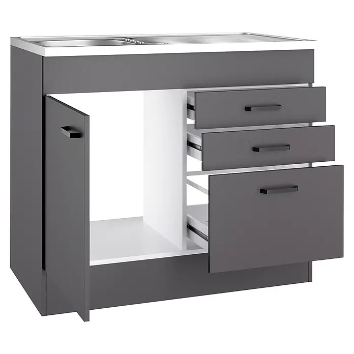 Optifit Optimulti Spülenunterschrank Kiel420 - 60 x 100 x 88,2 cm, Dekor Front: Grau matt - Grauer Spülenunterschrank mit weißer Arbeitsplatte, Edelstahlspüle, geöffneter Tür und drei Schubladen, zwei teilweise offen.