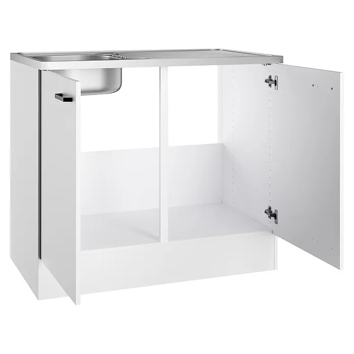 Optifit Optimulti Spülenunterschrank Bonn214 - 60 x 100 x 88 cm, Dekor Front: Weiß - Weißer Küchenspülenunterschrank mit zwei Türen, integriertem Edelstahlwaschbecken und offenem Fach rechts.