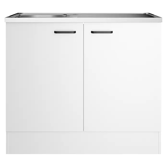 Optifit Optimulti Spülenunterschrank Bonn214 - 60 x 100 x 88 cm, Dekor Front: Weiß - Weißer Spülenschrank mit zwei Türen, schwarzen Griffen und integrierter Edelstahlspüle mit Abtropffläche.