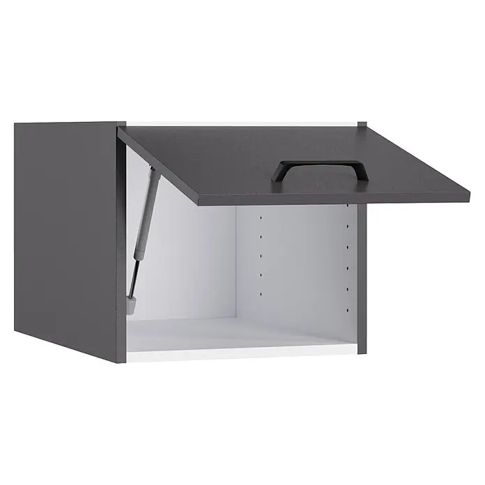 Optifit Optimulti Küchen-Aufsatzschrank Kiel420 - L x B x H: 57,1 x 40 x 35,2 cm, Anthrazit - Dunkelgrauer, nach oben öffnender Wandschrank mit weißer Innenausstattung und Gasdruckfeder.