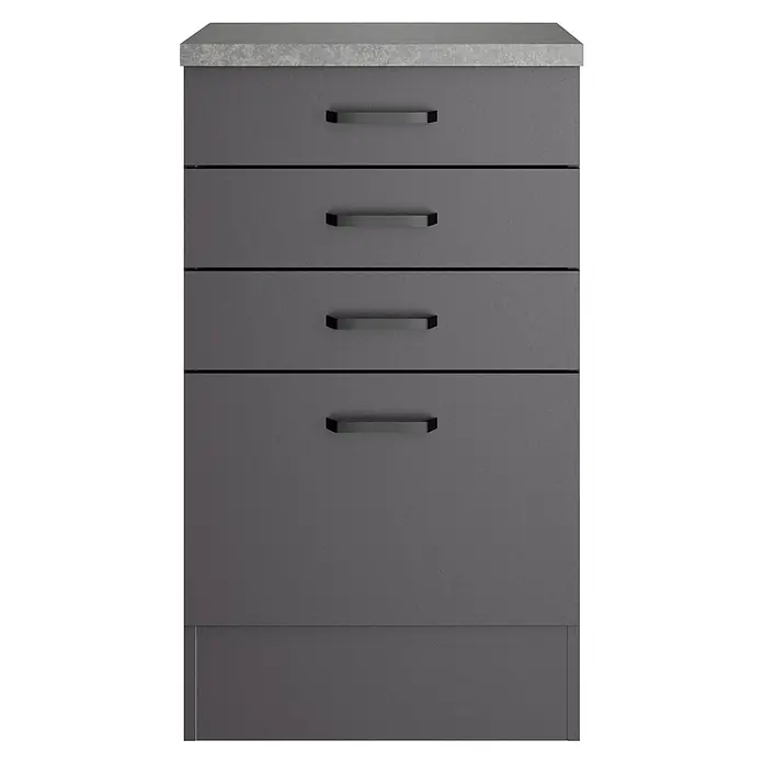 Optifit Optimulti Küchen-Unterschrank Kiel420 - B x T x H: 50 x 50 x 88 cm, Anthrazit - Dunkelgrauer Schubladenschrank mit hellgrauer Arbeitsplatte und vier schwarzen Griffen.
